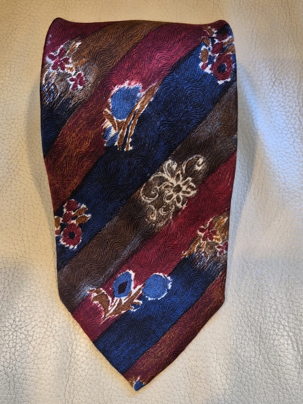 Ermenegildo Zegna Silk Hand Made In Italy Burgundy,Navy,Brown Striped Floral Tie